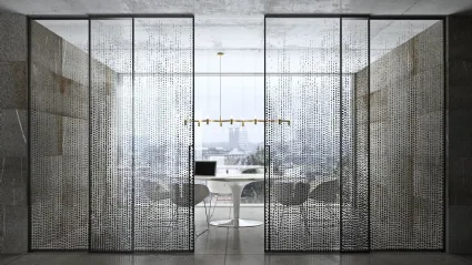 Porta per interni Manhattan Scorrevole in vetro trasparente decoro Glitter con telaio in alluminio di Henry Glass