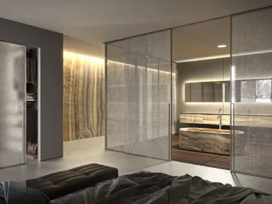 Porta per interni Manhattan Scorrevole in vetro trasparente decoro Lino con telaio in alluminio di Henry Glass