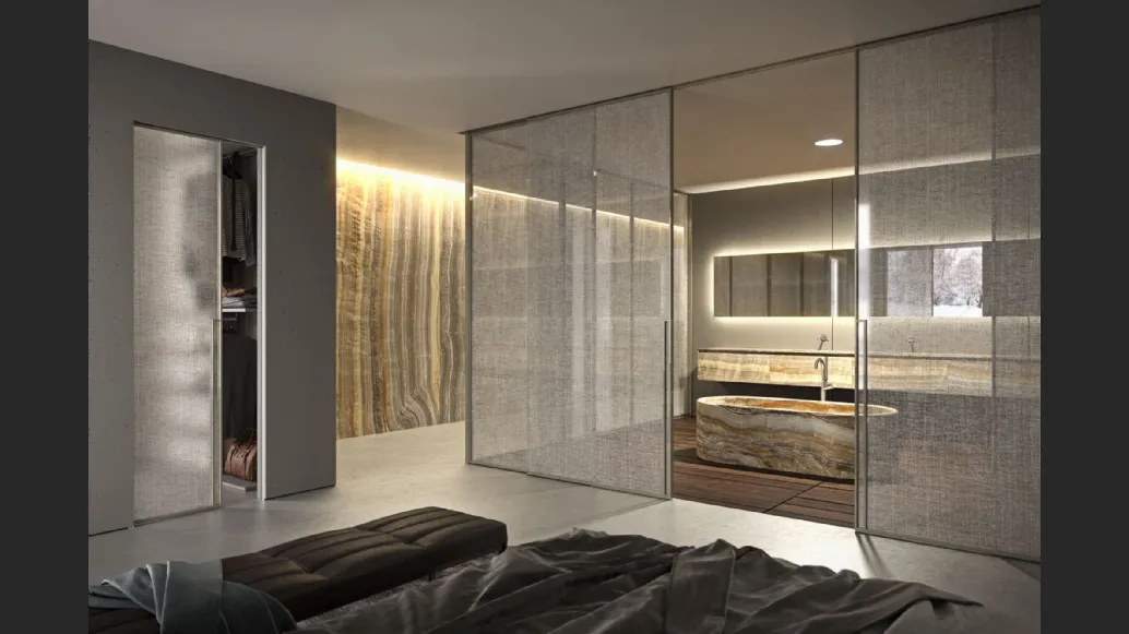 Porta per interni Manhattan Scorrevole in vetro trasparente decoro Lino con telaio in alluminio di Henry Glass