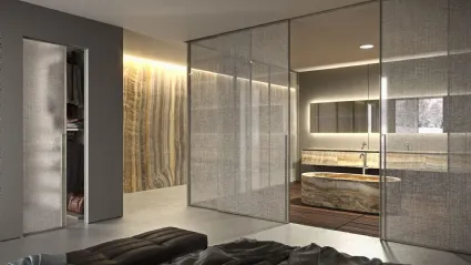 Porta per interni Manhattan Scorrevole in vetro trasparente decoro Lino con telaio in alluminio di Henry Glass