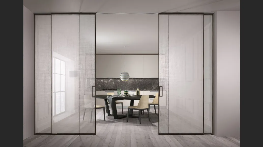 Porta per interni Manhattan Scorrevole n vetro decoro Trame con telaio in alluminio di Henry Glass