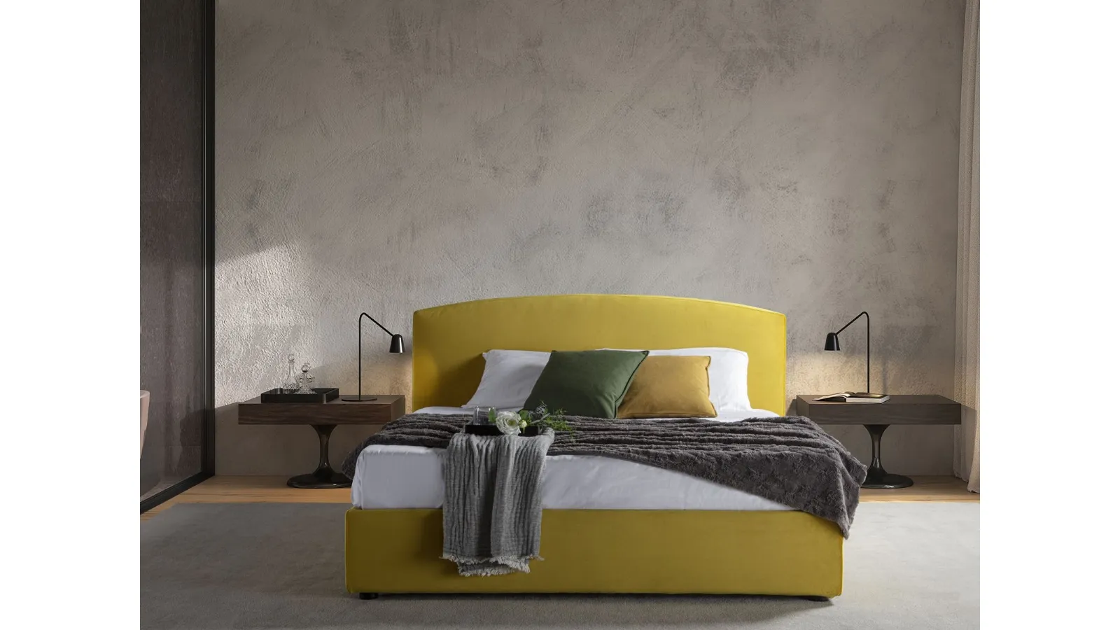 Letto in tessuto con testiera tonda e box contenitore Rondò di Flexstyle