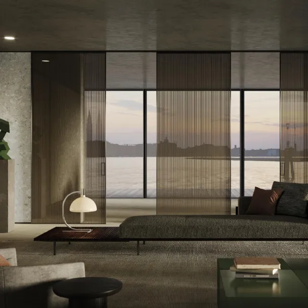 Porta per interni Manhattan Scorrevole in vetro Bronzo trasparente decoro Canneté Random di Henry Glass