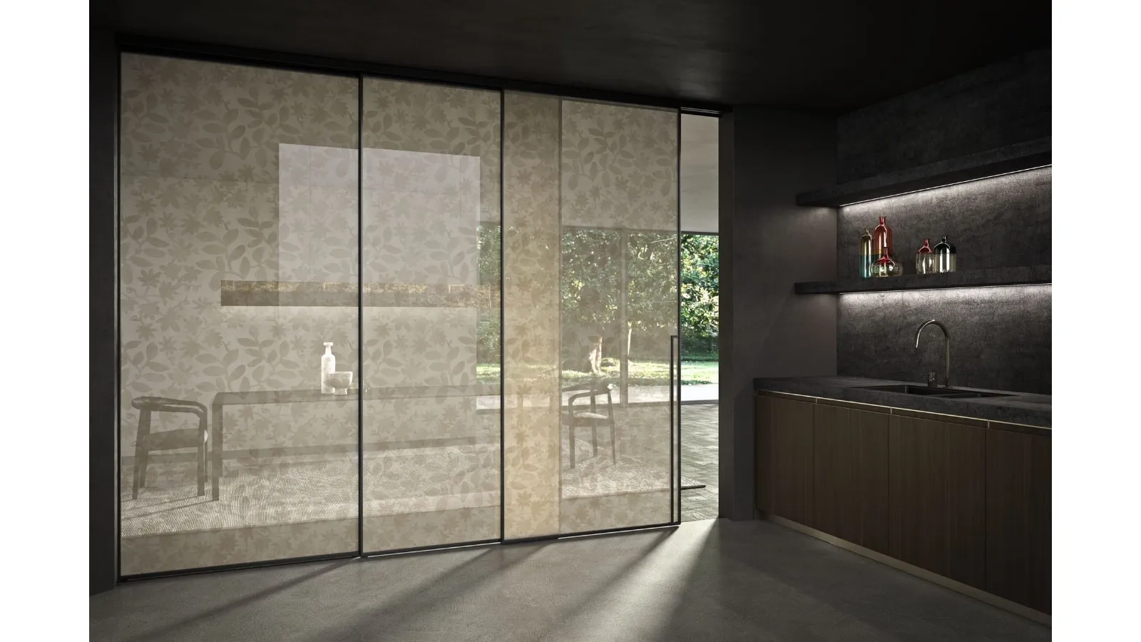 Porta per interni Manhattan Scorrevole Classic in vetro con decoro Arabesco e telaio in alluminio di Henry Glass