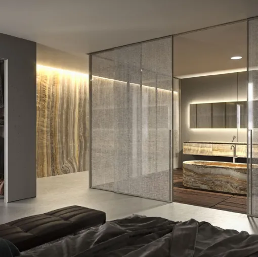 Porta per interni Manhattan Scorrevole in vetro trasparente decoro Lino con telaio in alluminio di Henry Glass