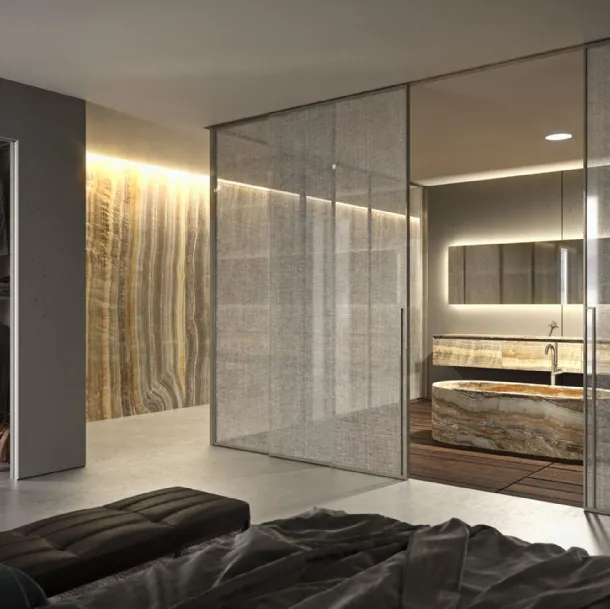 Porta per interni Manhattan Scorrevole in vetro trasparente decoro Lino con telaio in alluminio di Henry Glass